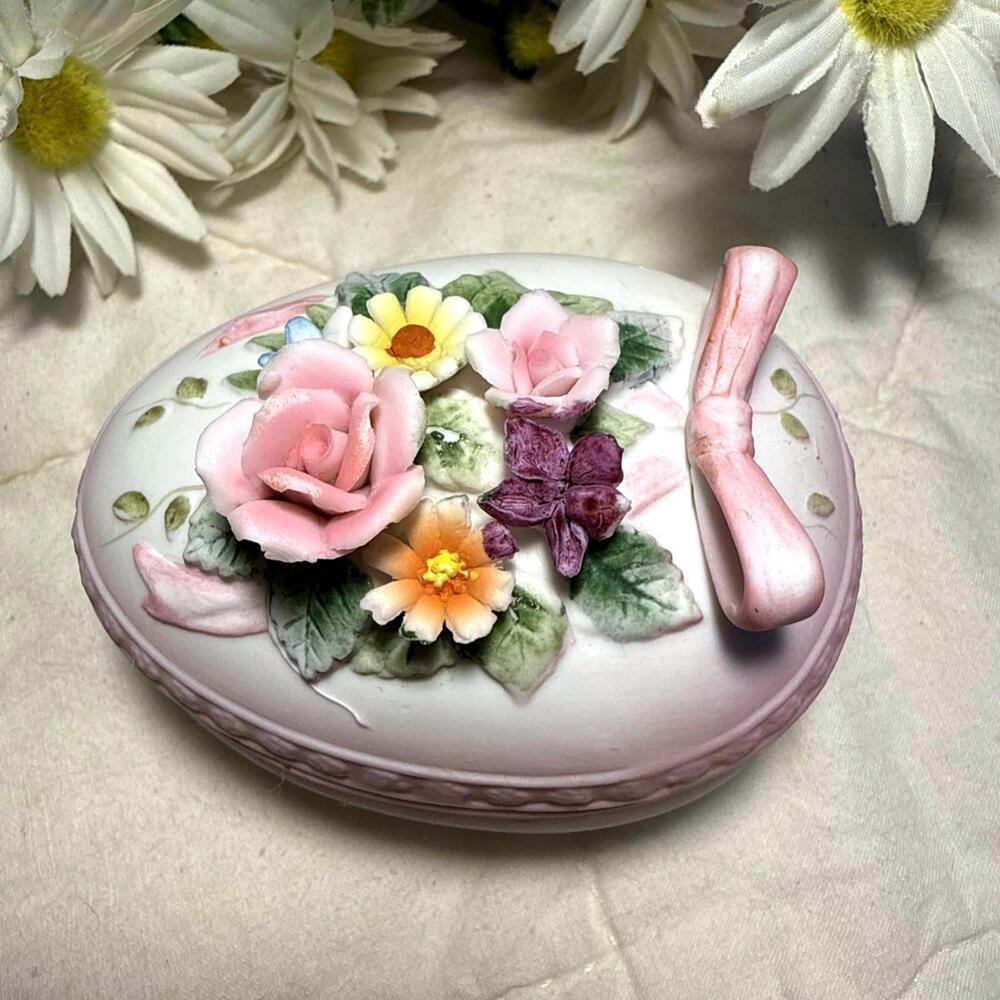 VTG  Lefton Egg Trinket Jewelry Box Floral Capodimonte Spring Easter Cottage